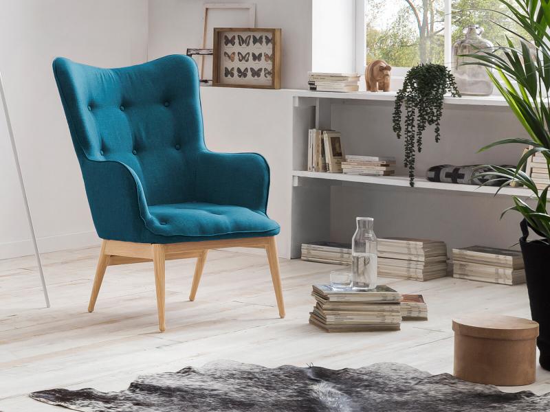 Armlehn-Sessel, Gestell aus Stahl in Holzoptik, 87 x 71 x 98 cm, blau