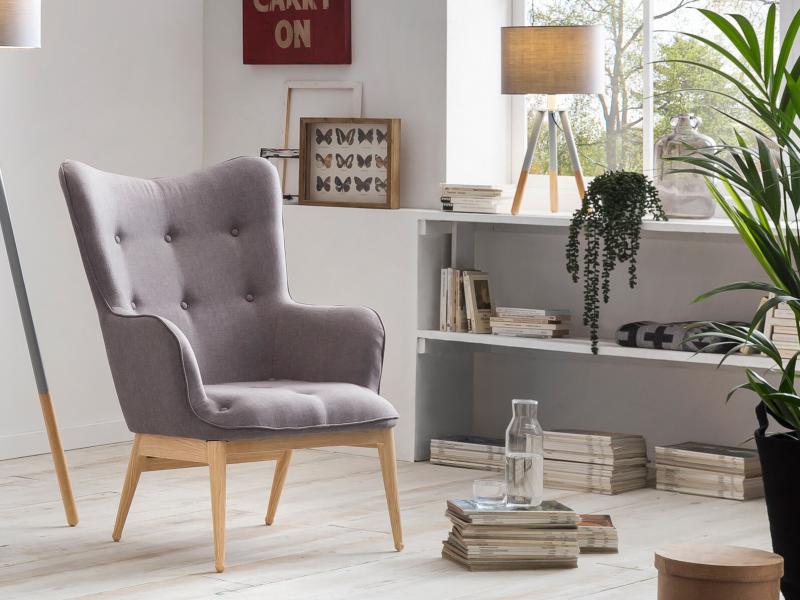 Armlehn-Sessel, Gestell aus Stahl in Holzoptik, 87 x 71 x 98 cm, hellgrau