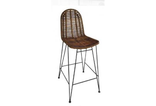 Barhocker aus ungeschältem Rattan, Gestell aus antikschwarzem Metall, 49 x 60 x 110 cm, natur