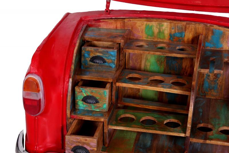 Barschrank, Rahmen rot, Regale bunt, aus einem recycelten Autoheck, mit Ablage für Flaschen und Gläser, 168 x 72 x 80 cm