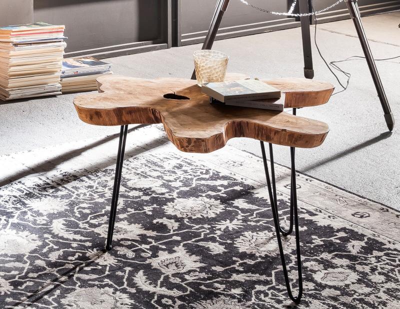 Couchtisch, Platte aus recyceltem Teak, Metall, 70 x 70 x 45 cm
