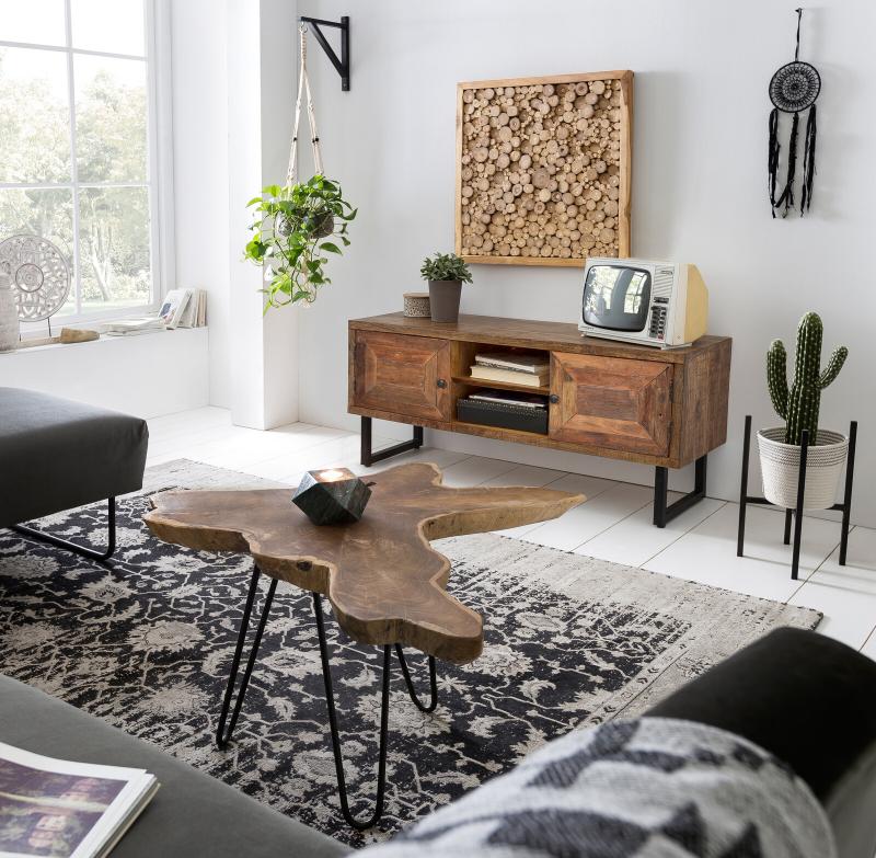 Couchtisch, Platte aus recyceltem Teak, Metall, 70 x 70 x 45 cm