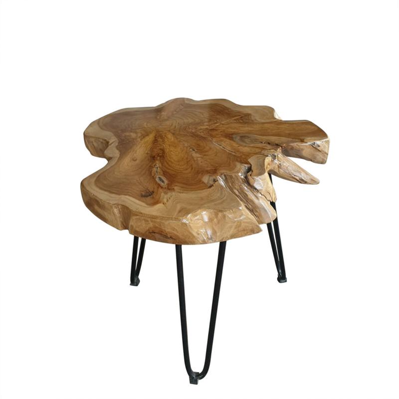 Couchtisch, Platte aus recyceltem Teak, Metallgestell in antikschwarz, 3 Beine, 55 x 55 x 48 cm