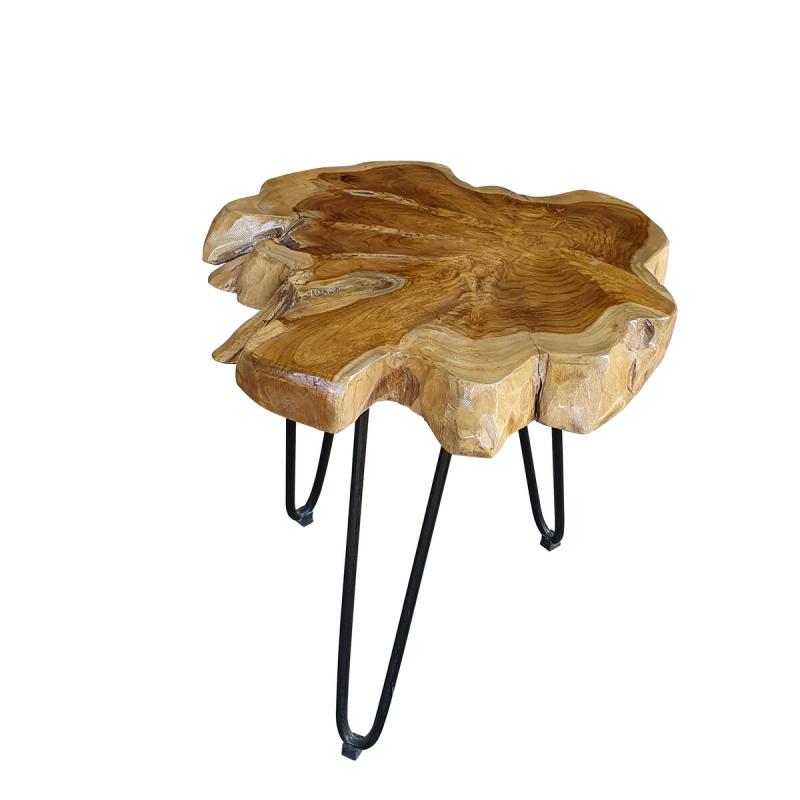 Couchtisch, Platte aus recyceltem Teak, Metallgestell in antikschwarz, 3 Beine, 55 x 55 x 48 cm