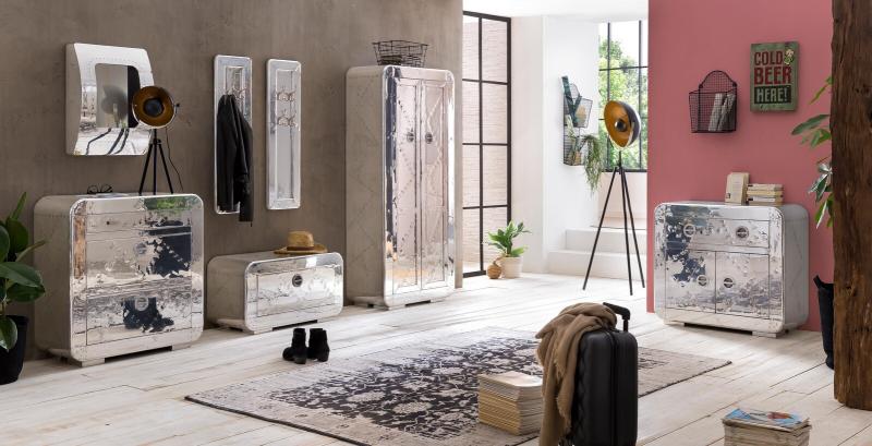 Schuhschrank, Mangoholz + MDF mit Alu beschlagen