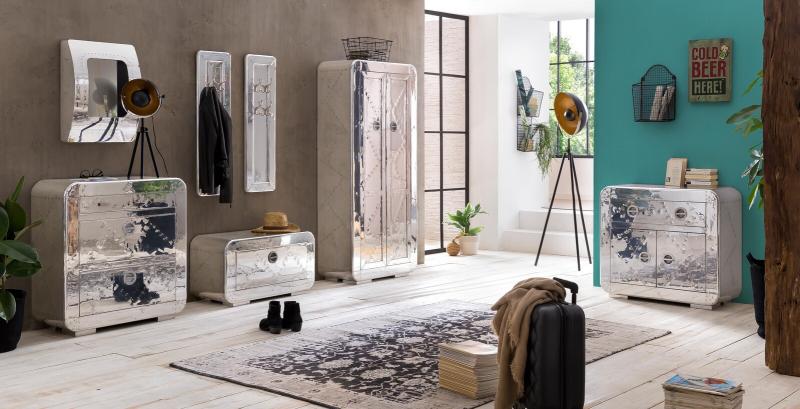 Schuhschrank, Mangoholz + MDF mit Alu beschlagen