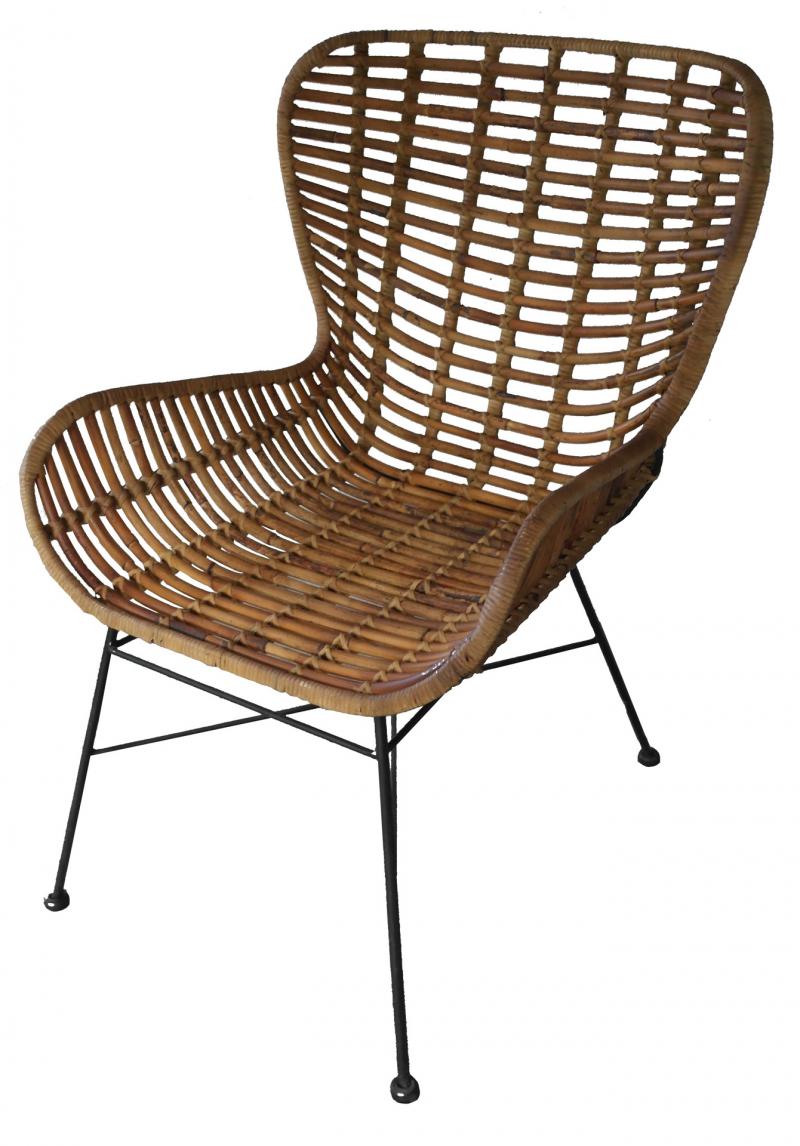 Stuhl aus ungeschältem Rattan, Gestell aus antikschwarzem Metall, 60 x 70 x 88 cm, natur