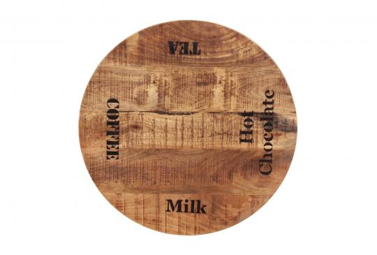 Tischplatte, lackiertes Mangoholz mit starken Gebrauchsspuren und schwarzer Schrift, 60 cm Durchmesser