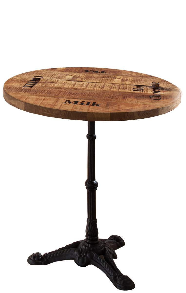 Tischplatte, lackiertes Mangoholz mit starken Gebrauchsspuren und schwarzer Schrift, 60 cm Durchmesser