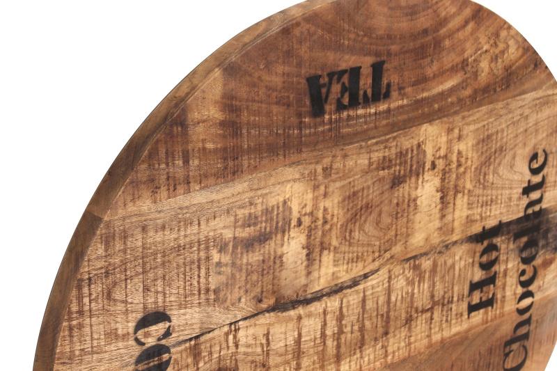 Tischplatte, lackiertes Mangoholz mit starken Gebrauchsspuren und schwarzer Schrift, 60 cm Durchmesser