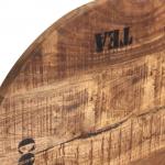 Tischplatte, lackiertes Mangoholz mit starken Gebrauchsspuren und schwarzer Schrift, 60 cm Durchmesser