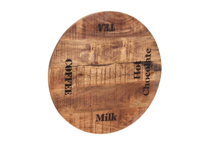 Tischplatte, lackiertes Mangoholz mit starken Gebrauchsspuren und schwarzer Schrift, 60 cm Durchmesser