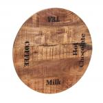 Tischplatte, lackiertes Mangoholz mit starken Gebrauchsspuren und schwarzer Schrift, 60 cm Durchmesser